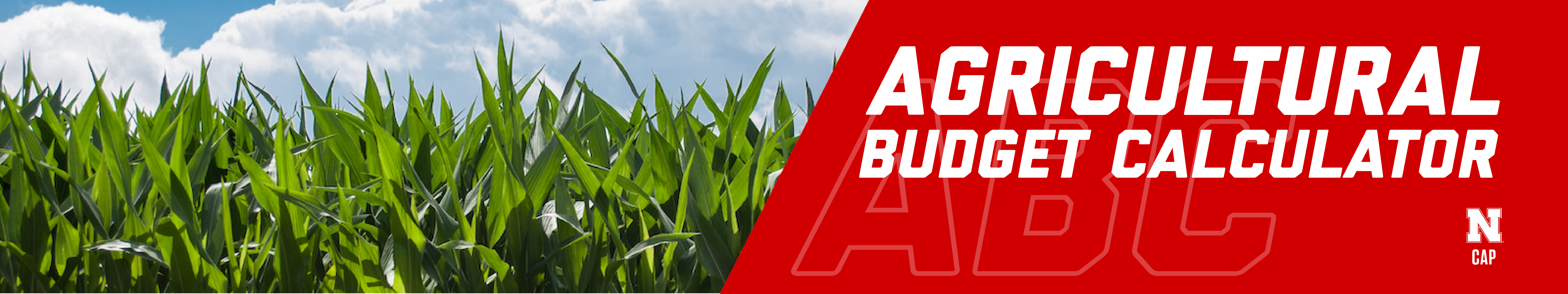 Picture of a cornfield with logo for Ag Budget Calculator